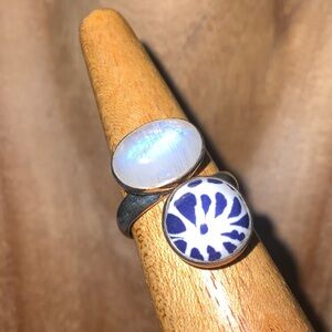 Sterling Silver .925 Moonstone & Talavera Ring – Adjustable Size
